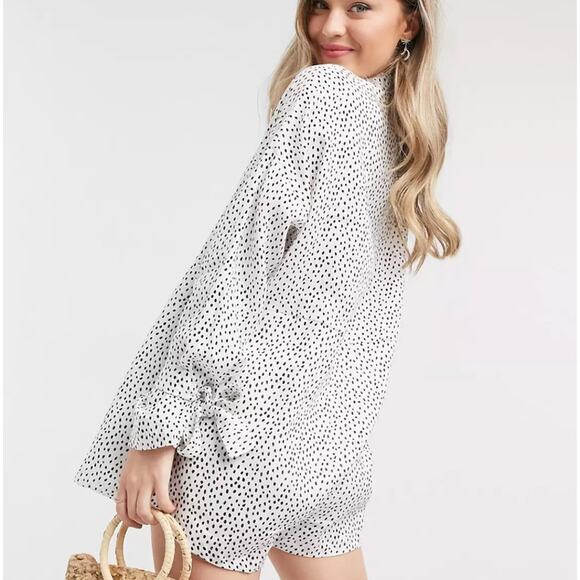 Zulu & Zephyr Beach Linen Long Sleeve Dotted Tunic Romper White Black Women's 10 - Picture 3 of 11